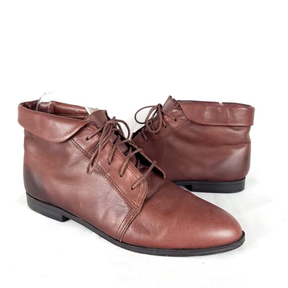 Vintage Rust Brown Genuine Leather Lace Up Fold Over Ankle Boots Booties Size 8 - Picture 2 of 6